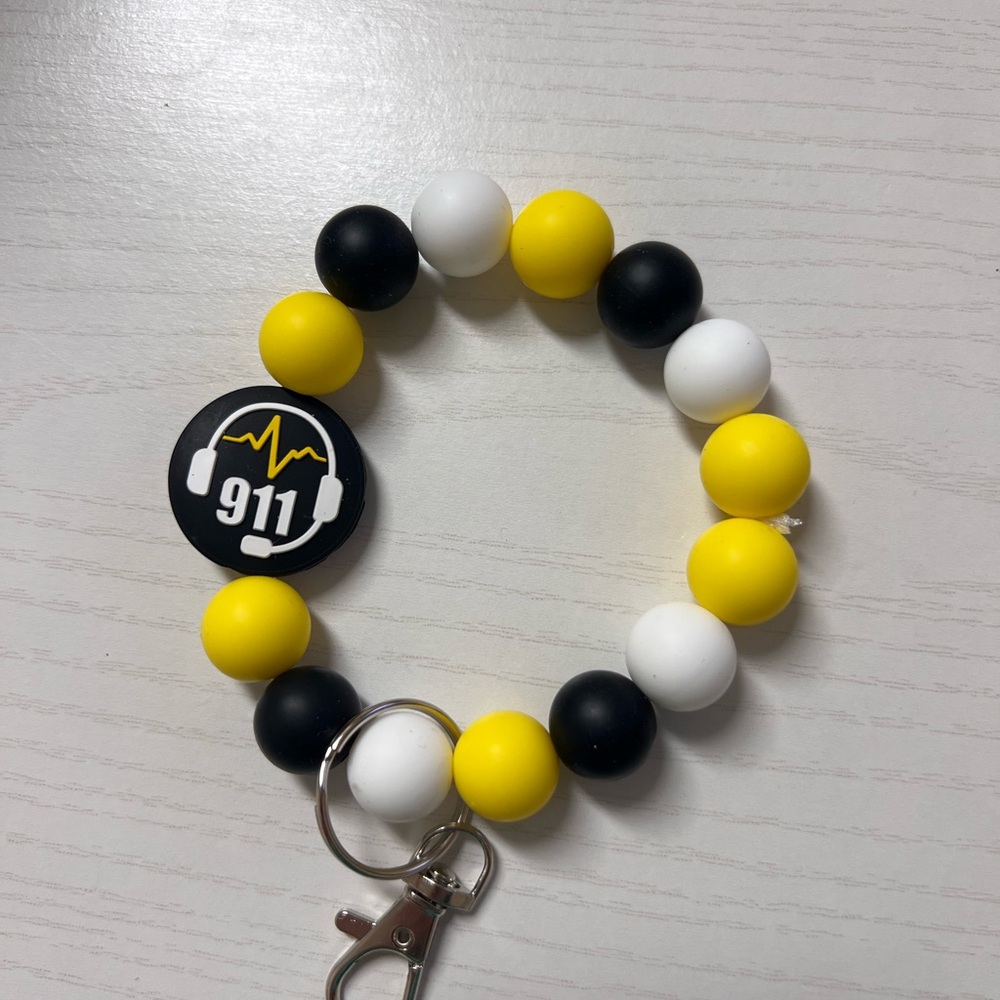 Yellow, Black, and White Beaded Keychain Bracelet